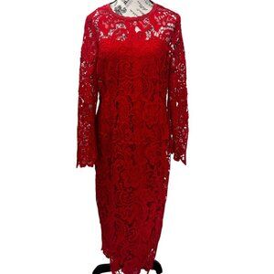 Ella Belle Jewel Neck Floral Lace Sheath Dress - Size 12 | Red Sheer Sleeve Midi